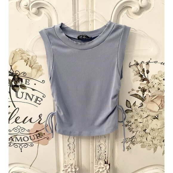 Lulus New Level Tank Women's XS Dusty Blue Ribbed Ruched Cropped Top - Picture 4 of 13